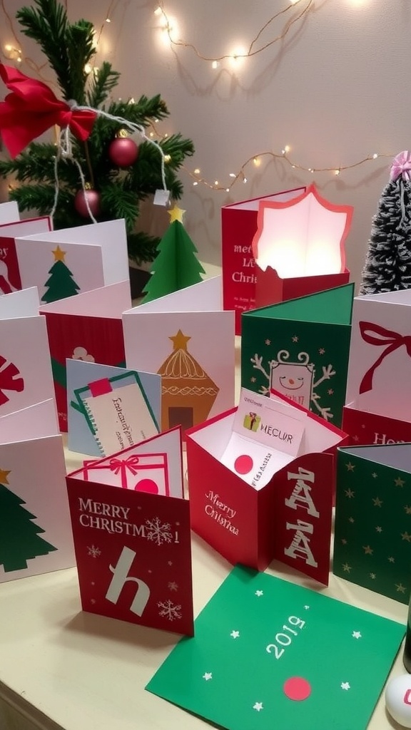 A collection of colorful handmade Christmas cards with pop-up designs and gift cards, set against a festive background.